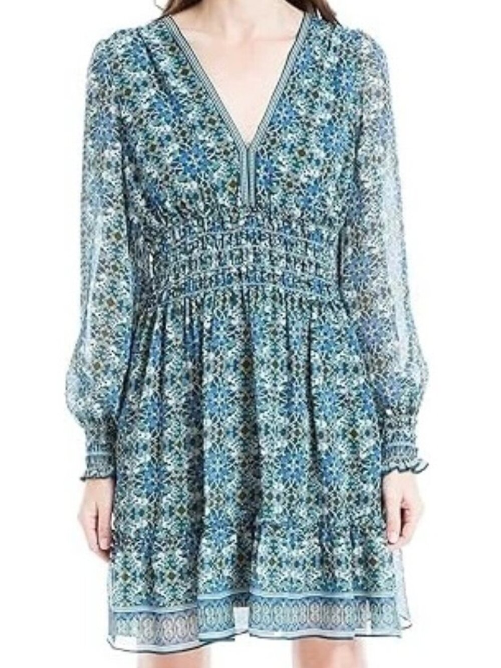 ✨NEW Designer Max Studio V-neck Smocked Dress Floral Print Blue Teal Long Sleeve